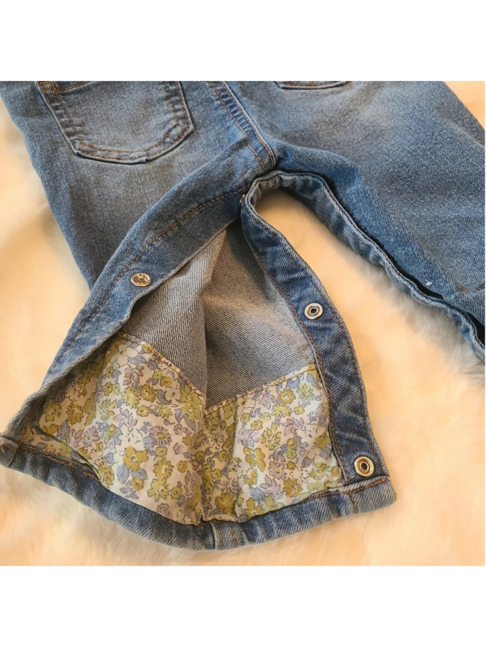OshKosh B'gosh Denim Bib Overall Girls 9M Blue With Floral Leg Cuffs Trim Jean